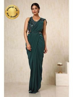 Soch - Womens Green Nylon Blend Saree with Stitched Blouse & Belt