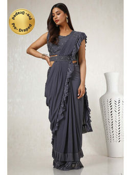 Soch - Charcoal Nylon Blend Saree with Stitched Blouse & Belt