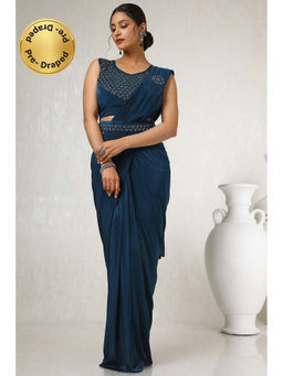 Soch - Teal Nylon Blend Saree with Stitched Blouse & Belt