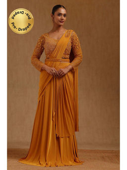Soch - Mustard Solid Ready to wear Saree with Stitched Blouse and Belt