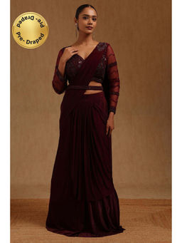Soch - Wine Solid Ready to wear Saree with Stitched Blouse and Belt