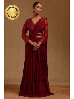 Soch - Maroon Solid Ready to wear Saree with Stitched Blouse and Belt