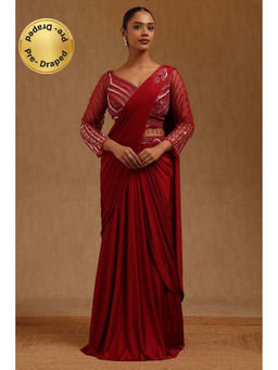 Soch - Maroon Solid Ready to wear Saree with Stitched Blouse with Stitched