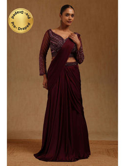 Soch - Wine Solid Ready to wear Saree with Stitched Blouse with Stitched