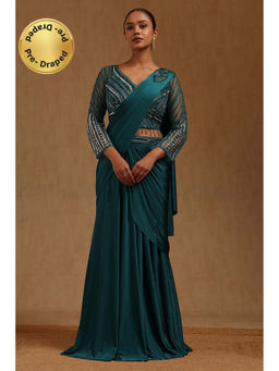 Soch - Teal Solid Ready to wear Saree with Stitched Blouse with Stitched