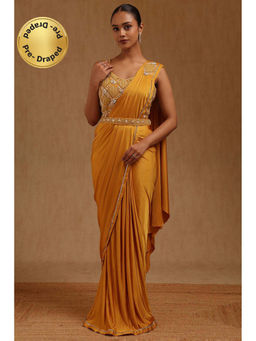 Soch - Mustard Solid Ready to wear Saree with Stitched Blouse and Belt