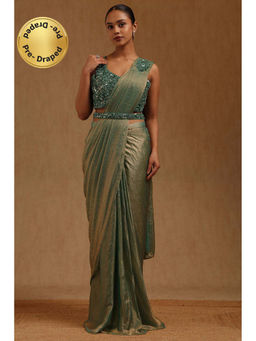 Soch - Green Solid Ready to wear Saree with Stitched Blouse and Belt