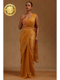 Soch - Mustard Solid Ready to wear Saree with Stitched Blouse and Belt