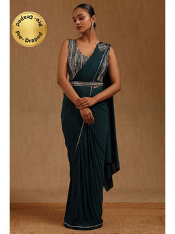 Soch - Teal Solid Ready to wear Saree with Stitched Blouse and Belt