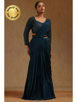 Soch - Blue Spandex Ready To Wear Saree With Belt & Stitched Blouse