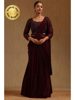 Soch - Wine Spandex Ready To Wear Saree With Belt & Stitched Blouse