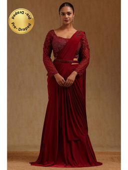 Soch - Maroon Spandex Ready To Wear Saree With Belt & Stitched Blouse