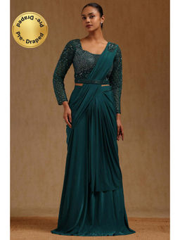 Soch - Teal Spandex Ready To Wear Saree With Belt & Stitched Blouse