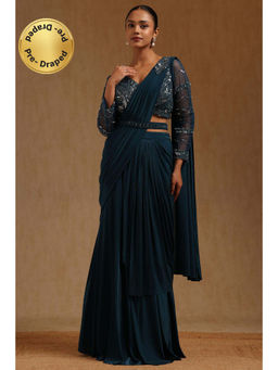 Soch - Blue Spandex Ready To Wear Saree With Belt & Stitched Blouse