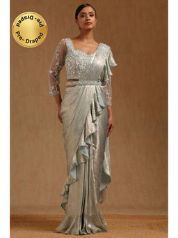 Soch - Blue Poly Silk Ready To Wear Saree With Belt & Stitched Blouse