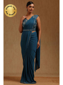 Soch - Blue Spandex Ready To Wear Saree With Belt & Stitched Blouse