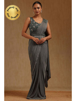 Soch - Grey Spandex Ready To Wear Saree With Belt & Stitched Blouse