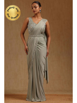 Soch - Grey Spandex Ready To Wear Saree With Belt & Stitched Blouse