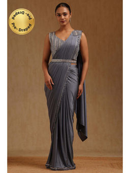 Soch - Grey Spandex Ready To Wear Saree With Belt & Stitched Blouse