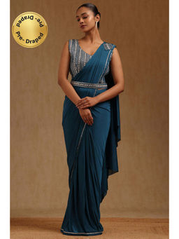 Soch - Teal Spandex Ready To Wear Saree With Belt & Stitched Blouse