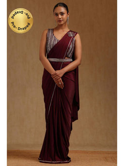 Soch - Wine Spandex Ready To Wear Saree With Belt & Stitched Blouse