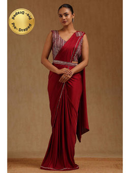 Soch - Maroon Spandex Ready To Wear Saree With Belt & Stitched Blouse