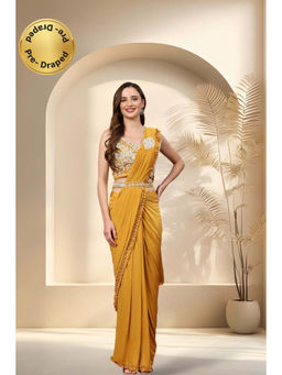 Stylum - Women's Mustard Sequined & Ruffled Ready To Wear Saree & Belt with Stitched Blouse