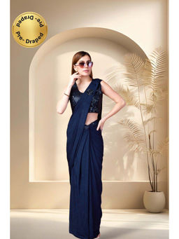 Stylum - Women's Navy Party Wear Sequin and Patch Boota Ready To Wear Saree with Stitched Blouse