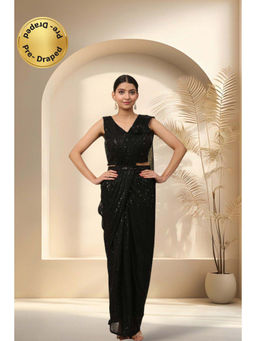 Stylum - Women's Black Sequinned and Belted Ready To Wear Lycra Saree with Stitched Blouse