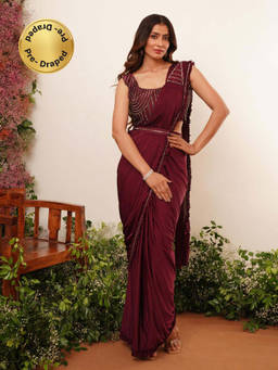 Stylum - Maroon Pre-Drape Saree with Stitched Blouse and Belt