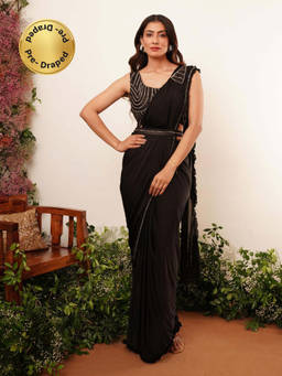 Stylum - Black Pre-Drape Saree with Stitched Blouse and Belt