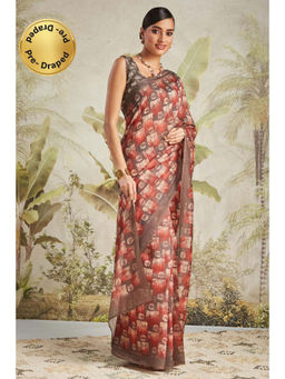 Suha - Brown Elegant Chanderi Cotton with Beautiful Printed Saree with Unstitched Blouse