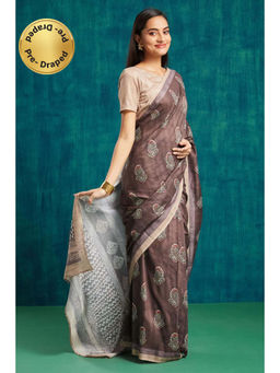 Suha - Coffie Brown Elegant Muslin with Classic Printed Saree with Unstitched Blouse