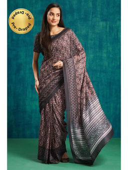 Suha - Black Soft Muslin with Ajrak Block Prints Saree with Unstitched Blouse