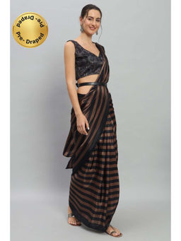 Suha - Brown Smooth Satin with Vibrant Stripe Pattern Saree with Unstitched Blouse