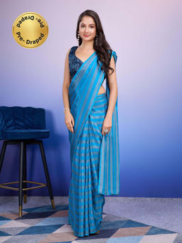 Suha - Blue Colour Smooth Satin with Vibrant Stripe Pattern Saree with Unstitched Blouse