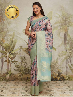 Suha - Peach Rich Jacquard with Intricate Floral Prints Saree with Unstitched Blouse