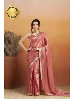 Suha - Dusty Pink Luxurious Velvet Satin with Solid Pattern Saree with Unstitched Blouse
