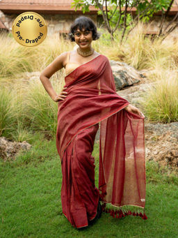 Suta - Maroon Cotton Blend Striped Design Ready To Wear Saree with Unstitched Blouse