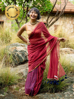 Suta - Maroon Pure Cotton Embroidered Design Ready To Wear Saree with Unstitched Blouse