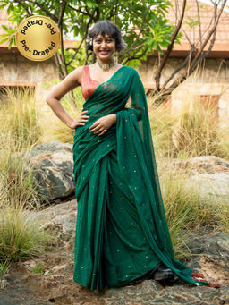 Suta - Green Pure Cotton Embellished Design Ready To Wear Saree with Unstitched Blouse