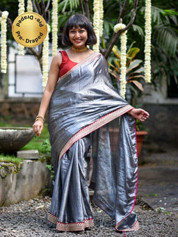 Suta - Silver Color Zari Ready To Wear Saree.