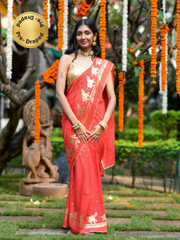 Suta - Red & Gold-Toned Polka Dot Printed Ready To Wear Saree.