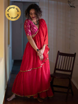 Suta - Red Mulmul Cotton Pre Draped Saree with Sequins