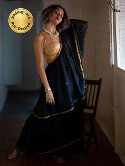Suta - Black Handloom Cotton Pre Stitch Saree with Sequins