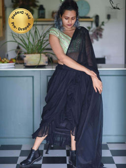 Suta - Black Mulmul Cotton Pre Drape Ruffle Saree