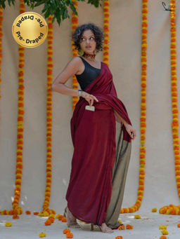 Suta - Maroon Pre Stitched Ready To Wear Cotton Acrylic Saree with Pockets