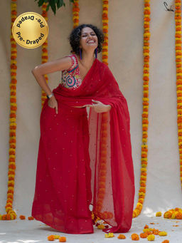 Suta - Red Pre Stitched Readymade Mul Cotton Saree with Pockets