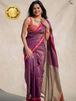 Suta - Purple Cotton Slub Saree with Pink and Gold Border