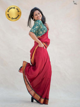 Suta - Red Ready To Wear Cotton Slub Saree with Gold and Green Border and Pockets